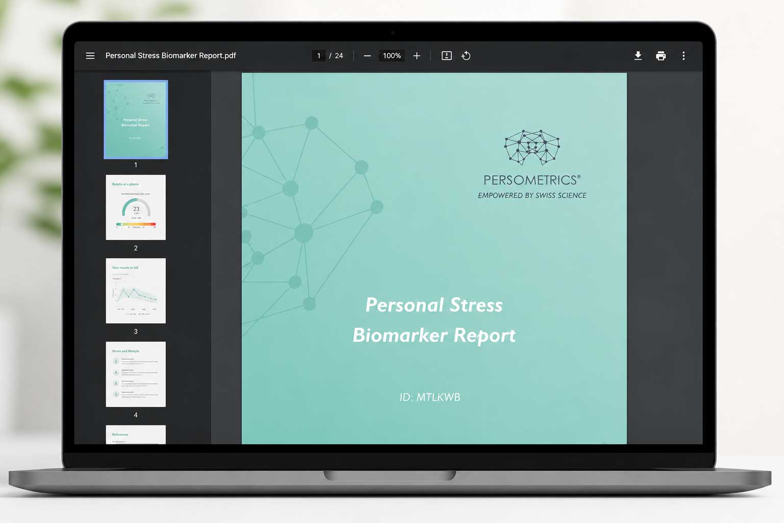 Example Persometrics personalised stress biomarker report displayed as a digital PDF